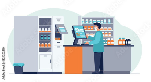 Pharmacist using digital prescription system in modern pharmacy setting
