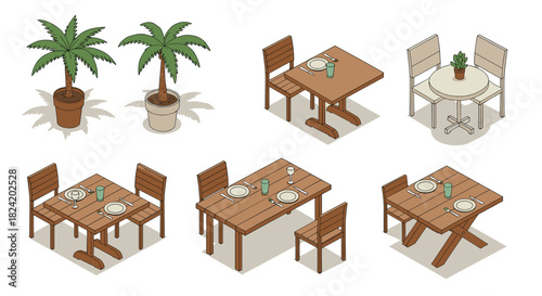 Isometric indoor and outdoor dining furniture with potted palms