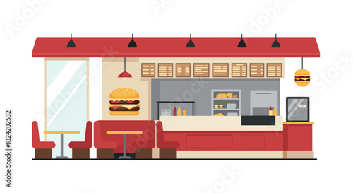Modern fast food restaurant interior design with burgers and red seating