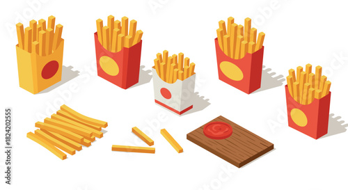 Isometric french fries set with ketchup on wooden board
