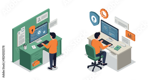 Cybersecurity concepts with isometric design showcasing data protection and network security
