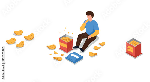 Person enjoying chips: isometric design of man eating snack with packing