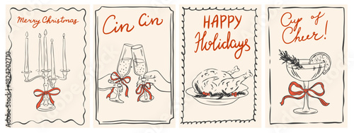 Hand drawn vintage  Christmas dinner posters set. Retro new year drawing set in doodle line art, minimalist print style with champagne cheers, turkey, cocktail. Vector ink cards in coquette style