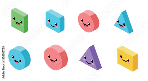 Cute geometric shapes with smiley faces in 3d pastel colors