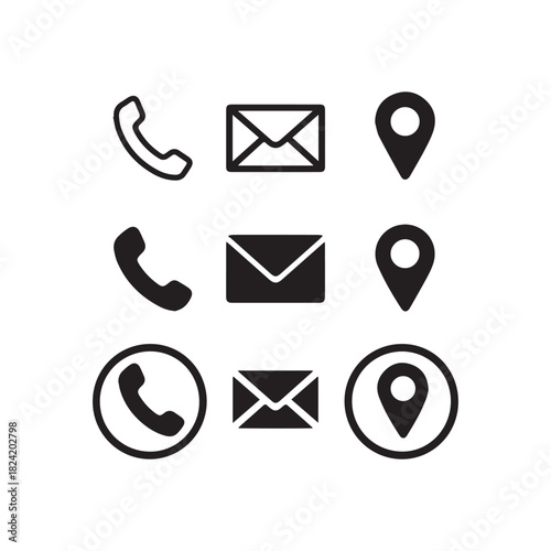 black Flat contact and communication icon set in outline, circular, and filled styles. Set of contact us icons for web and website.