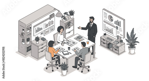 Modern isometric office meeting scene with business professionals and charts