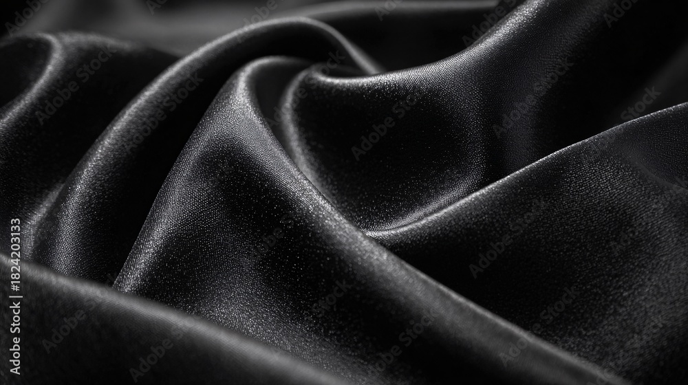 Fototapeta premium Close-up of smooth black silk fabric with soft folds and flowing texture
