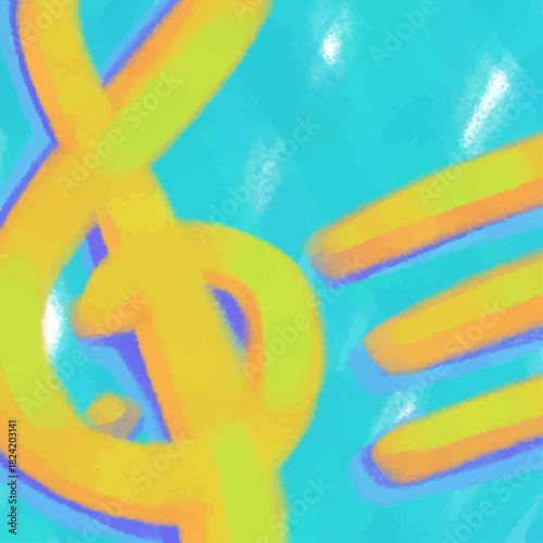 A yellow tremble clef on the staff against the green-blue background symbolizing Swedish flag; a digital pastel painting and vector illustration for Sweden's music playlist, podcast, radio covers.