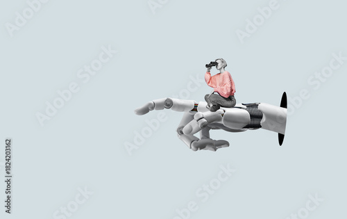 Signpost - a cyber AI hand shows the business woman with binoculars where to look. Find information with the help of artificial intelligence.