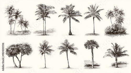 Pen and ink palm tree illustrations isolated on transparent background