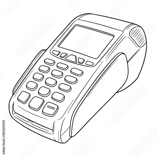 Modern point of sale terminal sketch for business transactions, showing financial technology and cashless payments in retail and service industries, perfect for illustrating commerce
