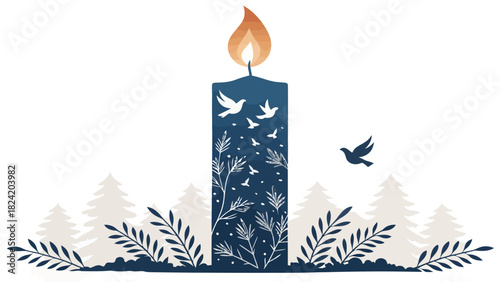 Hopeful candle with birds and flora bringing peace, love, and hope for a bright future and calm