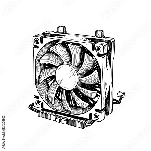 Detailed sketch of a modern CPU cooler, perfect for demonstrating computer hardware or illustrating cooling technology in a technical manual or gaming PC build guide
