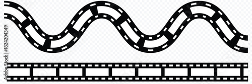 Old grunge movie film long strip set, vintage filmstrip roll frame, vector photo background. Video or movie filmstrip overlay, cinema or photograph camera long film strips collection in flat and line 