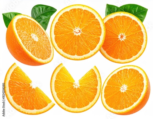 Sliced oranges, vibrant orange flesh with green leaves