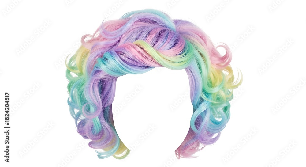 Obraz premium A colorful wig with pastel shades of pink purple blue green and yellow on a white background isolated