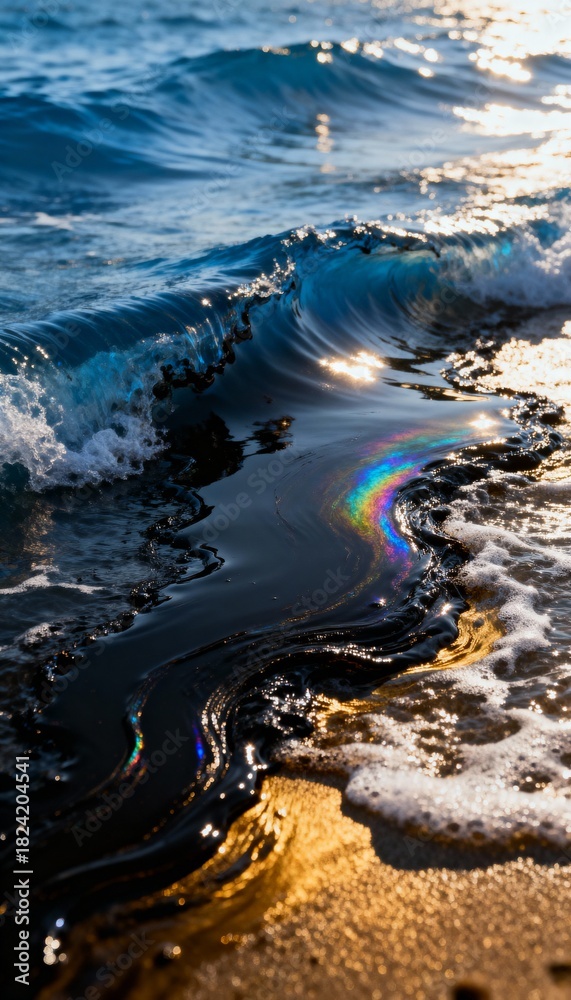 Naklejka premium Vibrant ocean waves crash on a dark, reflective shore, creating a rainbow sheen. Golden light