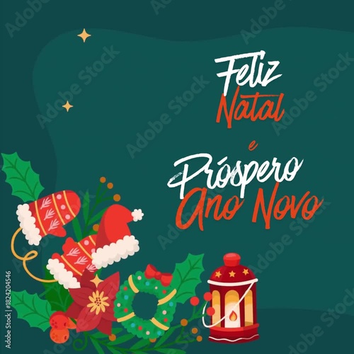 Feliz Natal e um próspero Ano Novo; cartão simples com votos em português, fundo verde e decorações natalinas
