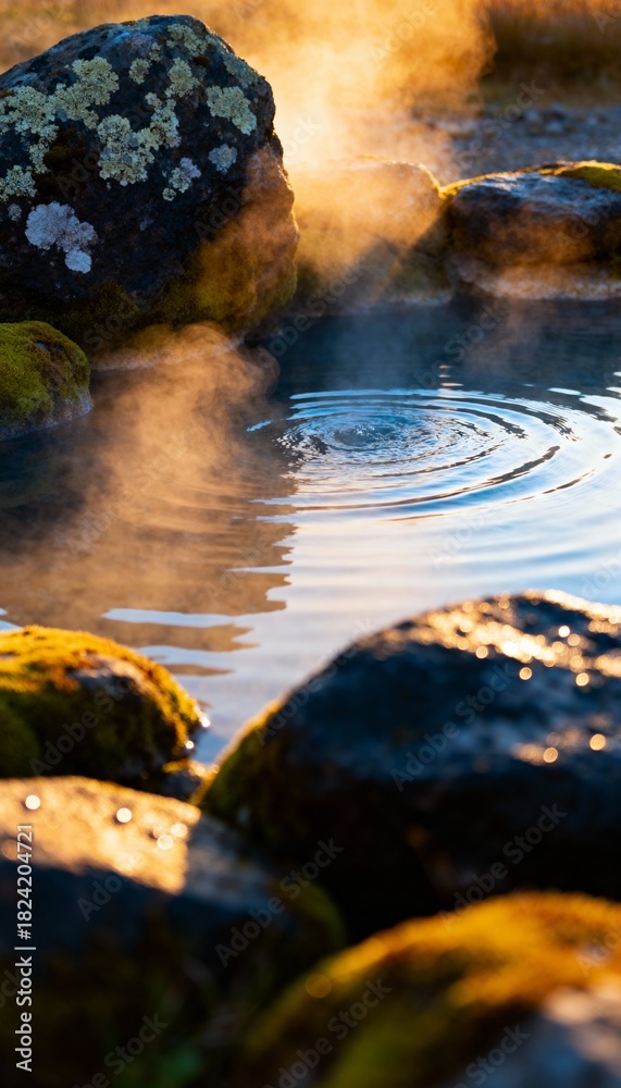 Obraz premium Natural hot spring with steam rising, water ripples, sunlit rocks, and lush moss, creates a serene atmosphere