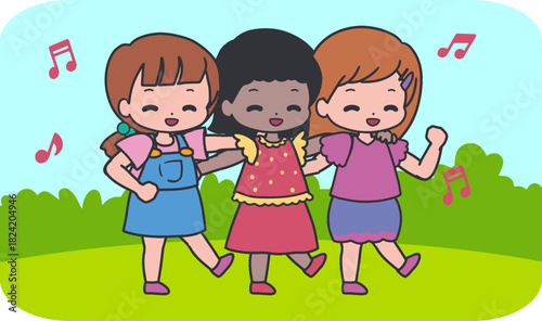 Cute Girl Friends Embracing Kids Friendship Art. Perfect for educational materials, children books, friendship themes, posters, websites, and designs promoting teamwork and social bonding.