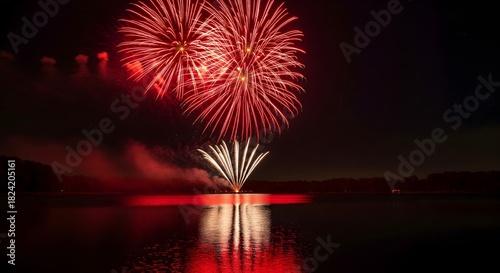Colorful fireworks display reflecting on calm lake at night, celebrating a festive event with bright red and white explosions in the sky.