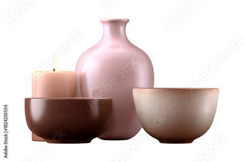 Still life arrangement of a pink vase two ceramic bowls and two candles creating a serene and minimalist display.