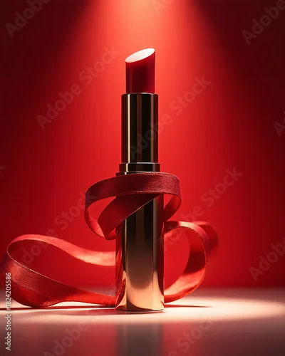 Fototapeta samoprzylepna Luxury Red Lipstick with Satin Ribbon on Dramatic Red Background