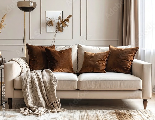 Chic beige sofa with brown cushions, blanket in calm interior