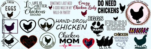 A collection of chicken themed designs featuring silhouettes and text on a light background