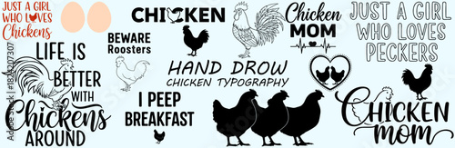 Collection of chicken themed designs with eggs and various typography and chicken silhouettes
