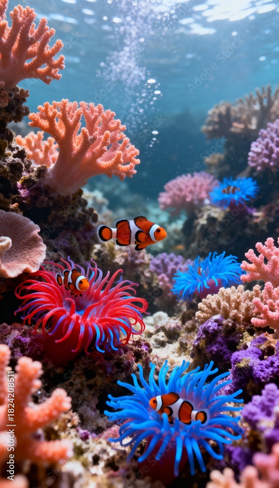 Fototapeta premium Underwater vibrant scene showcasing clownfish amongst colorful coral reefs and anemones, with light rays
