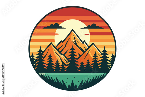 Sunset shines brightly above majestic mountains and dense evergreen forest touching water inside circle