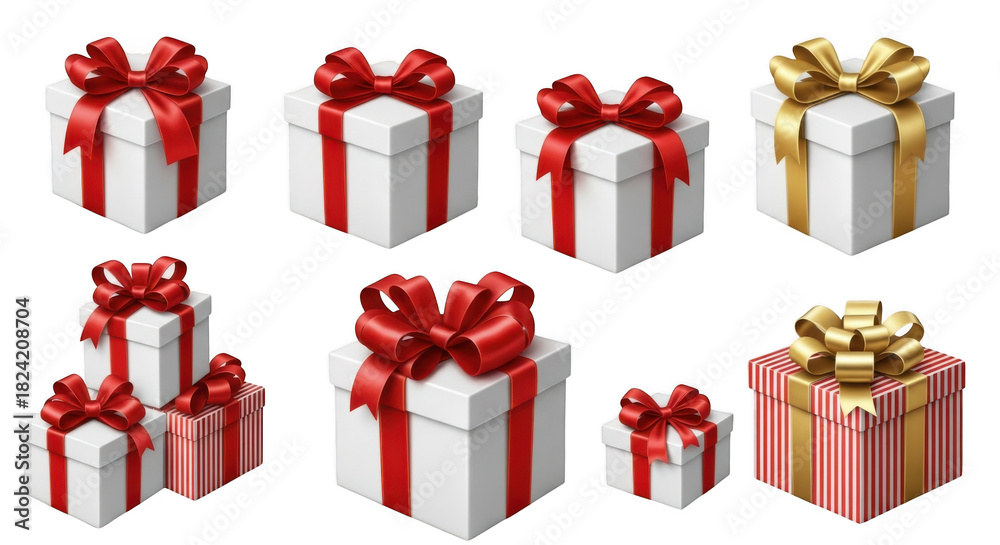 Obraz premium Collection of wrapped gift boxes with ribbons isolated on transparent background