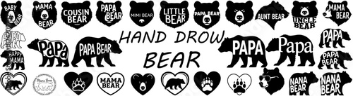 A collection of various bear designs featuring family names and bear silhouettes in black and white