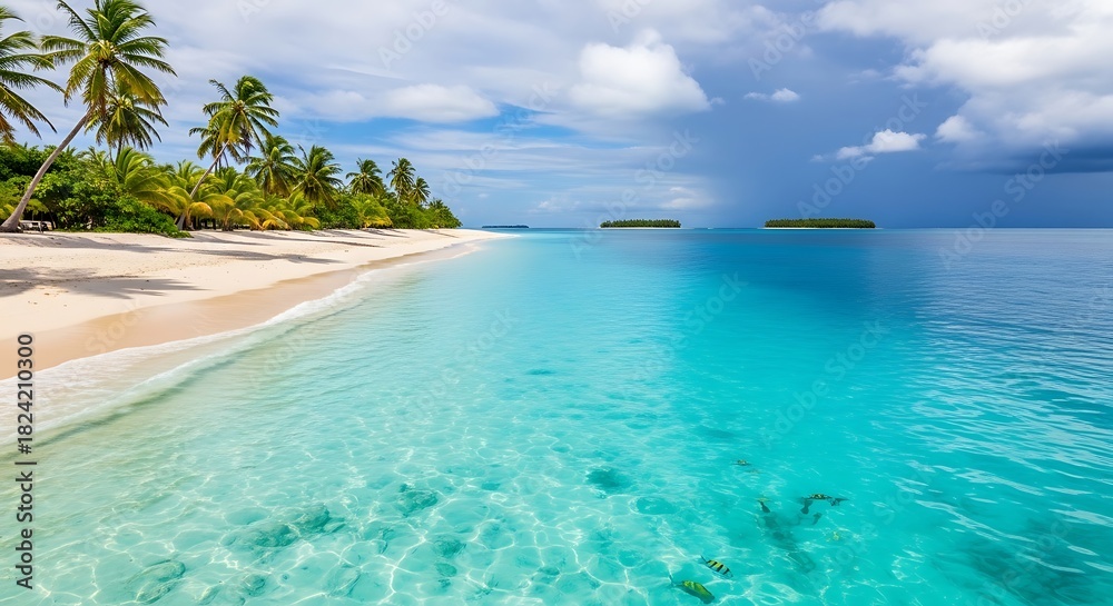 Fototapeta premium Serene Tropical Beach Paradise: Turquoise Waters and Palm Trees
