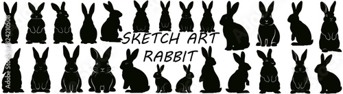 Collection of black rabbit silhouettes in various poses against a white background art illustration