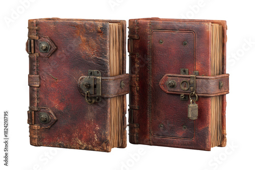 Two antique leather-bound books with ornate metal clasps and locks.