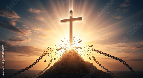 Spiritual freedom concept with radiant cross symbolizing hope and liberation