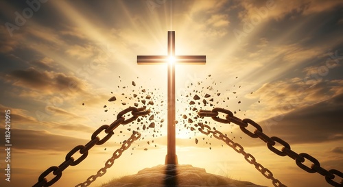Spiritual freedom and redemption concept with breaking chains at sunrise for inspirational design