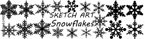 A collection of various black and white snowflake designs with the words sketch art snowflakes