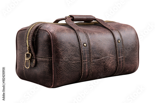 Brown Leather Duffle Bag Isolated on White Background.