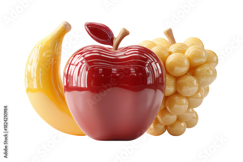 Vibrant and Glossy Fruit Collection: Banana Apple and Grapes.