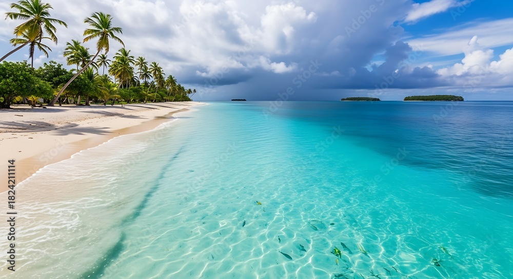 Fototapeta premium Tropical Paradise: Azure Waters and Palm-Lined Beach