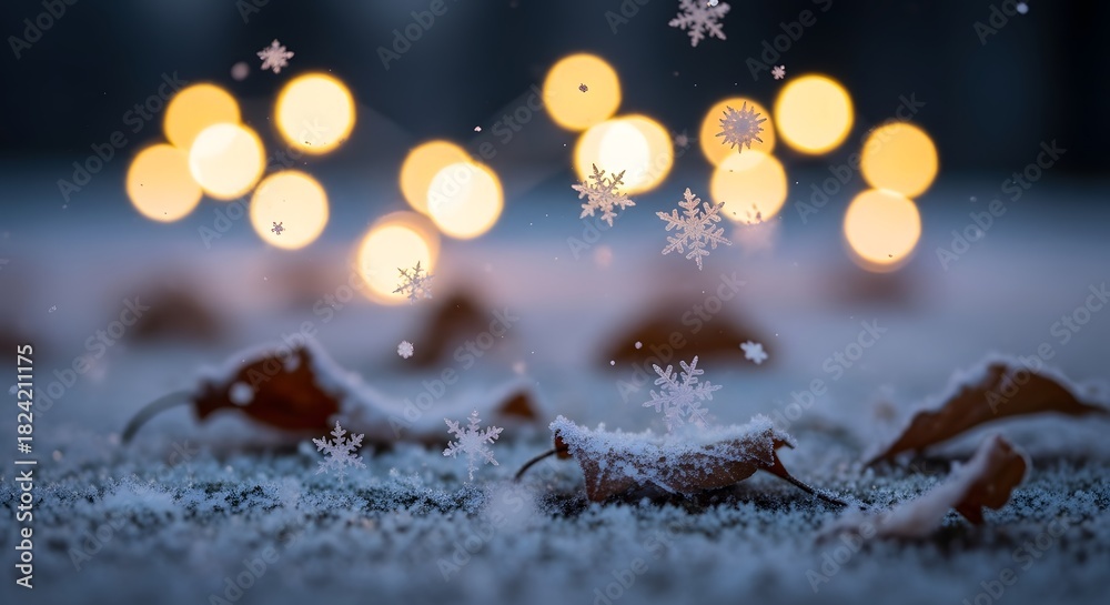 Naklejka premium Winter wonderland with snowflakes and autumn leaves under cozy holiday lights, perfect for seasonal greeting cards or festive decor