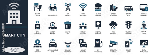 Smart city icon set. Featuring office, cloud, IoT, 5G, drone, payment, energy, mobility, and security. Perfect for apps, UI, web, and presentations.