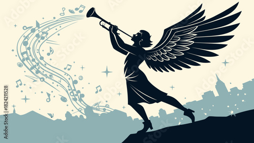 Dynamic winged silhouette playing trumpet, musical notes float over a cityscape, vector origin art