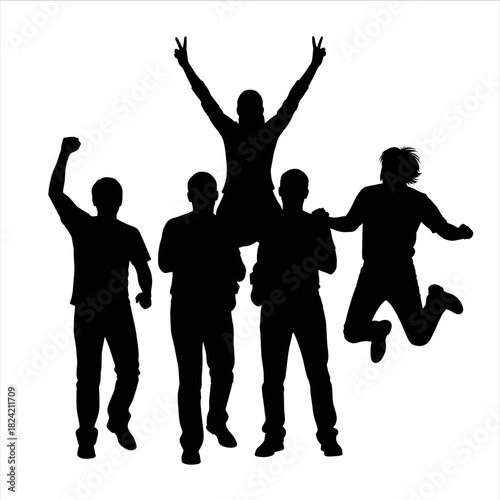 Silhouettes of a group of friends celebrating with joy