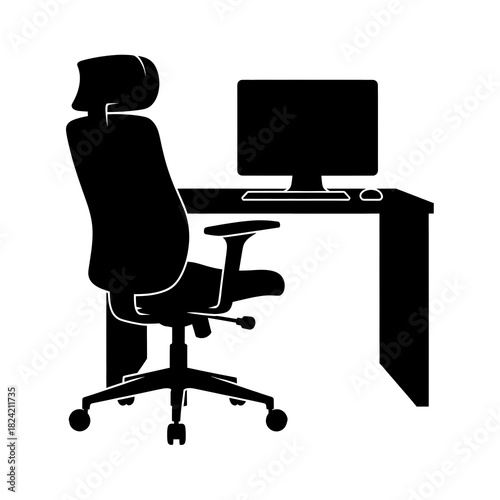 Silhouette of a computer desk with an ergonomic chair