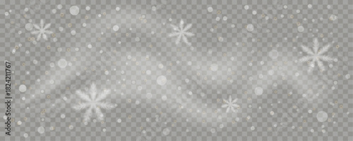 Heavy falling snow and snowflakes on checkered background. Bokeh lights and motion blur for winter overlay and seasonal effects, holiday designs. Editable vector illustration.