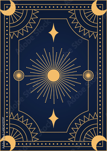 Mystical celestial tarot card back with golden sun, moon crescents, stars and ornate border on dark blue. Esoteric magic pattern design. Editable vector illustration.